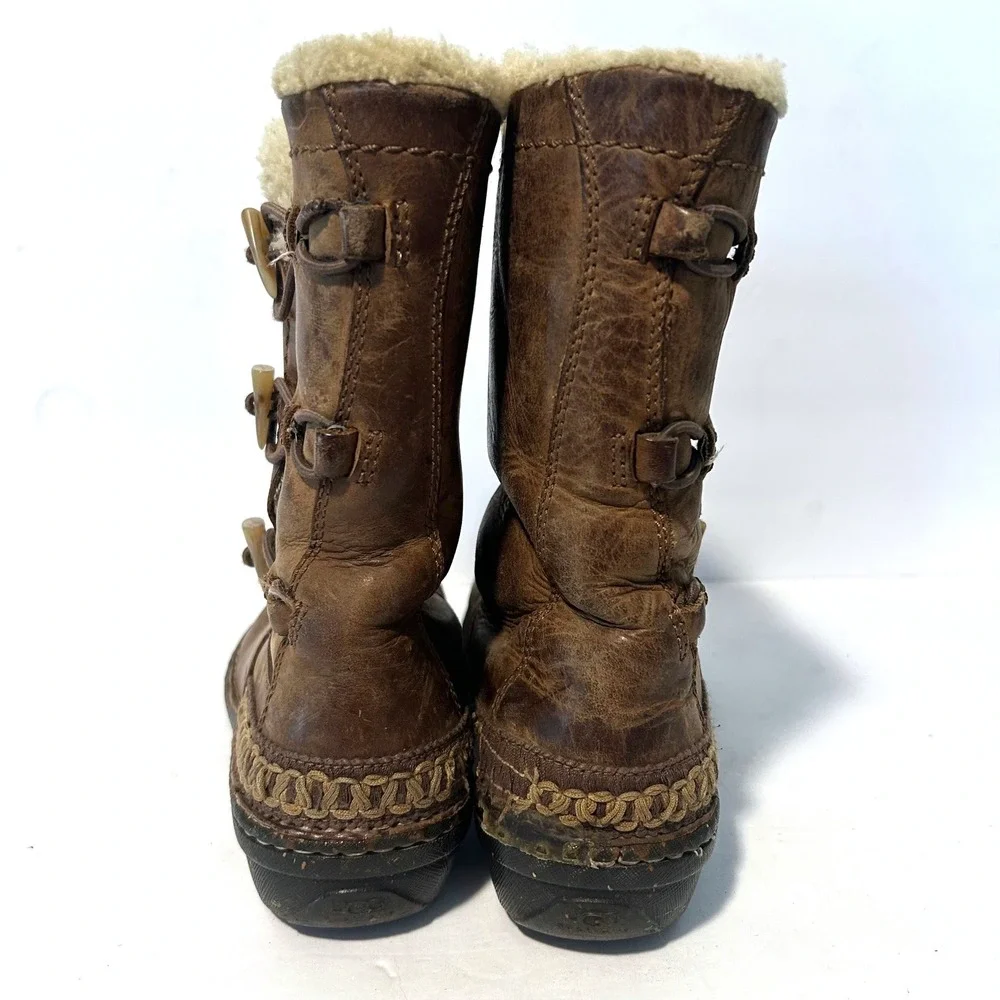 UGG Sunburst Tall Boots Womens 7 Brown Leather Shearling Toggle Fair 5156